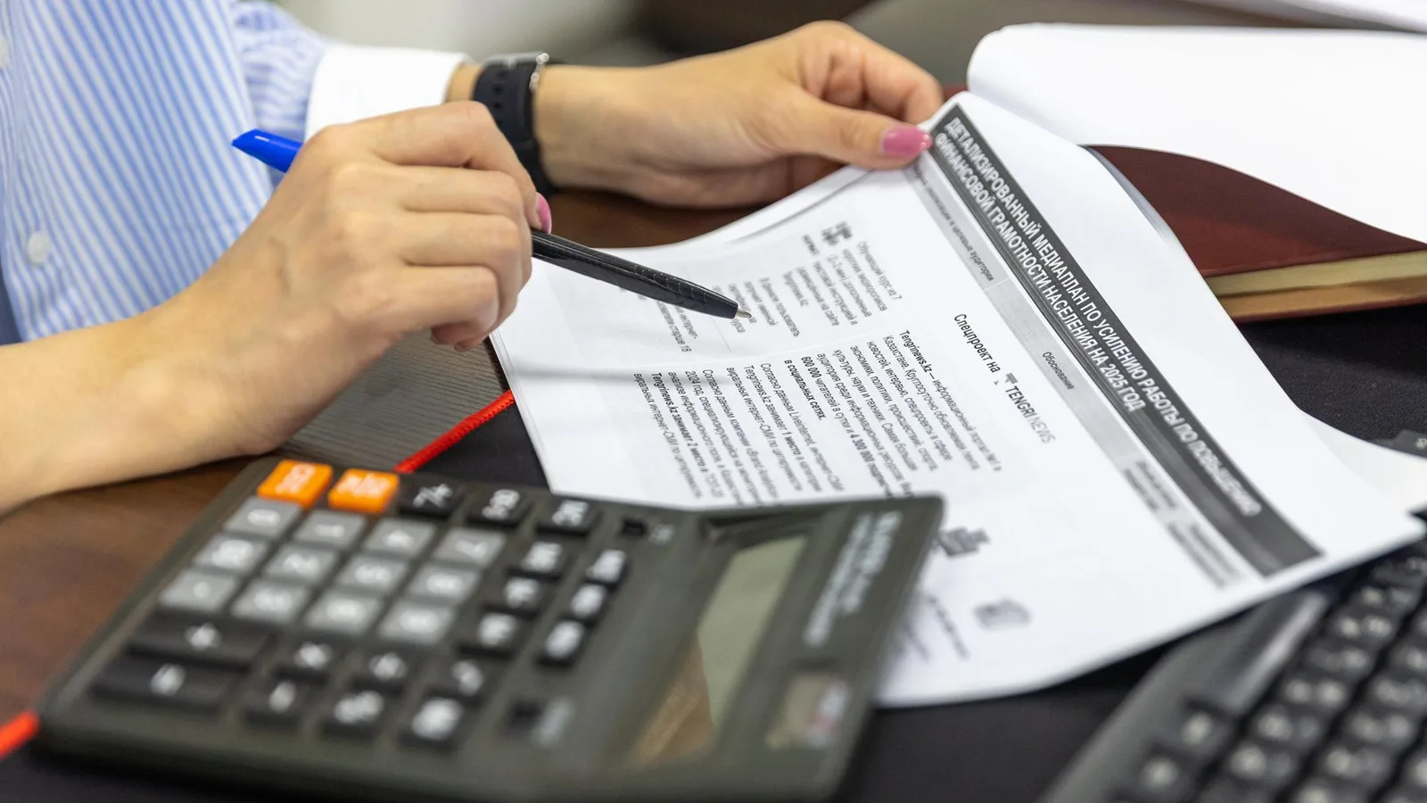 Business buyer reviewing balance sheets, profit and loss statements, and financial accounts with a calculator