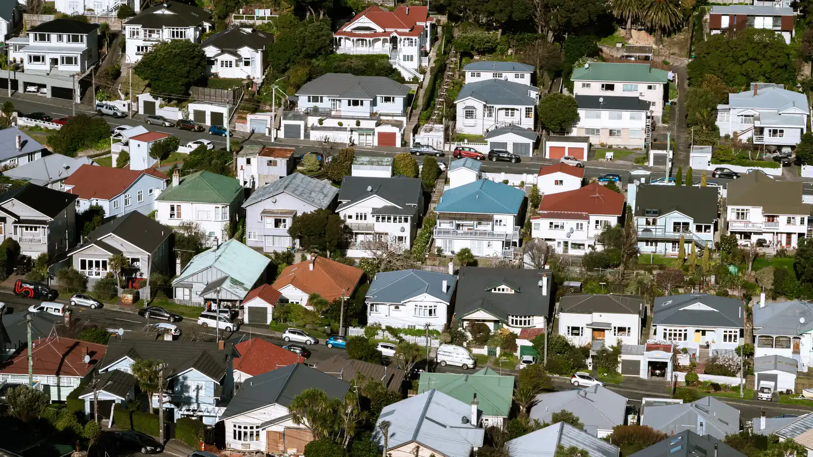 Aerial view of a residential suburb in New Zealand
