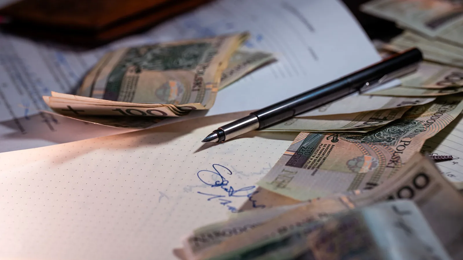 Overhead view of financial documents, contracts, and pen on a desk for commercial property settlement