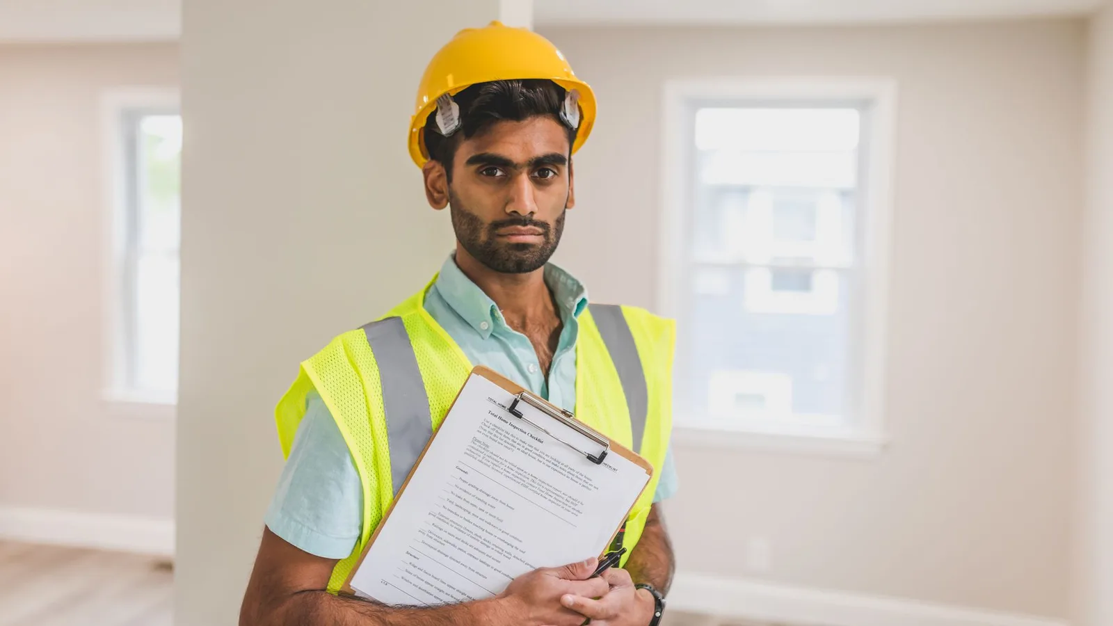 South Asian construction worker wearing safety gear and holding a clipboard indoors.