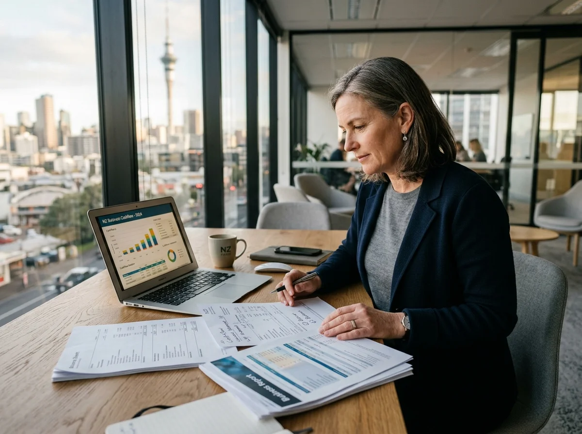New Zealand business owner reviewing financial statements and cash flow data at office desk
